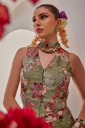 Buy_Anu Pellakuru_Green Crepe, Chiffon Mirrors V-neck Sufi Floral Print Waistcoat And Palazzo Set 