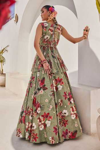 Anu Pellakuru Sufi Floral Print Peplum Top & Lehenga Set 