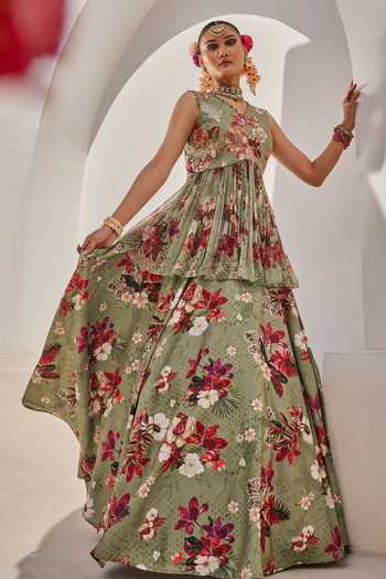 Anu Pellakuru Sufi Floral Print Peplum Top & Lehenga Set 