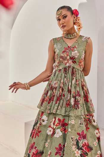 Anu Pellakuru_Green Crepe, Chiffon High Neck Sufi Floral Print Peplum Top And Lehenga Set _Online_at_Aza_Fashions
