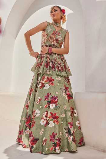 Buy_Anu Pellakuru_Green Crepe, Chiffon High Neck Sufi Floral Print Peplum Top And Lehenga Set _Online_at_Aza_Fashions