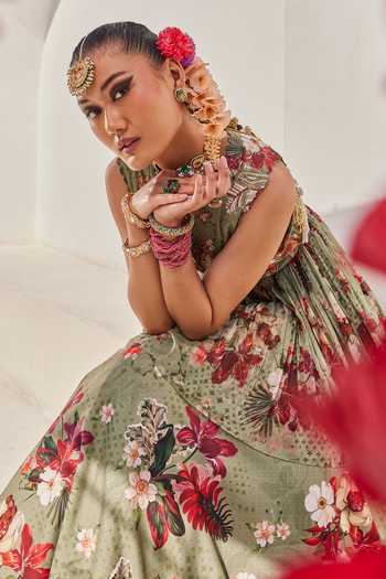 Anu Pellakuru_Green Crepe, Chiffon High Neck Sufi Floral Print Peplum Top And Lehenga Set _at_Aza_Fashions