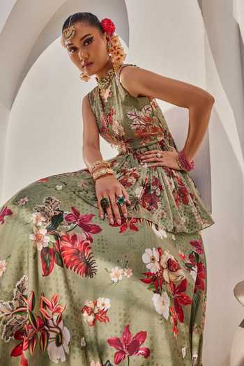 Buy_Anu Pellakuru_Green Crepe, Chiffon High Neck Sufi Floral Print Peplum Top And Lehenga Set 