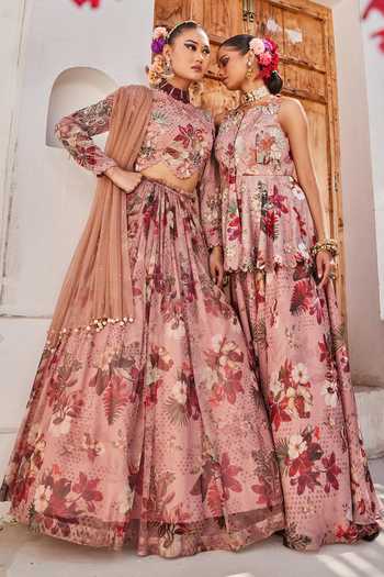 Anu Pellakuru_Pink Net, Chiffon High Neck Saanjh Floral Print Lehenga Set _Online_at_Aza_Fashions