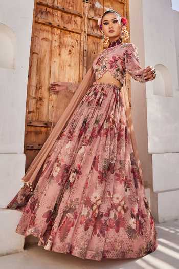 Buy_Anu Pellakuru_Pink Net, Chiffon High Neck Saanjh Floral Print Lehenga Set _Online_at_Aza_Fashions