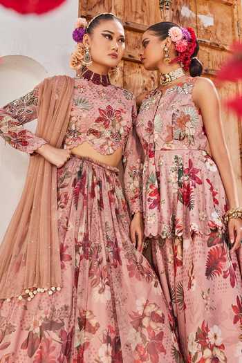 Shop_Anu Pellakuru_Pink Net, Chiffon High Neck Saanjh Floral Print Lehenga Set _Online_at_Aza_Fashions