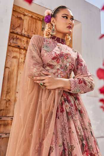 Anu Pellakuru_Pink Net, Chiffon High Neck Saanjh Floral Print Lehenga Set _at_Aza_Fashions