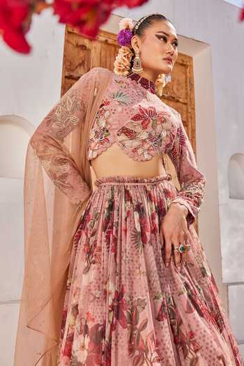Buy_Anu Pellakuru_Pink Net, Chiffon High Neck Saanjh Floral Print Lehenga Set 