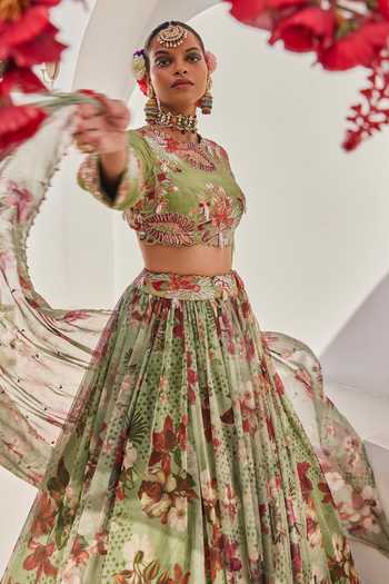 Anu Pellakuru_Green Silk, Net, Chiffon High Neck Sufi Floral Print Lehenga Set _Online_at_Aza_Fashions
