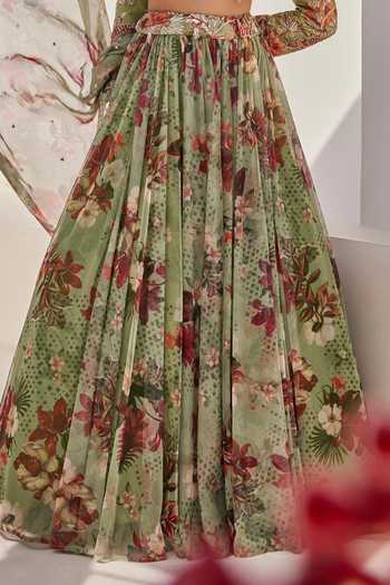Buy_Anu Pellakuru_Green Silk, Net, Chiffon High Neck Sufi Floral Print Lehenga Set _Online_at_Aza_Fashions
