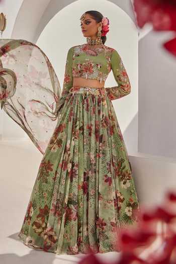 Shop_Anu Pellakuru_Green Silk, Net, Chiffon High Neck Sufi Floral Print Lehenga Set _Online_at_Aza_Fashions