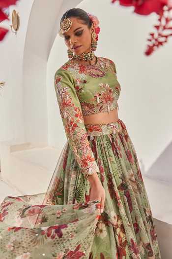 Anu Pellakuru_Green Silk, Net, Chiffon High Neck Sufi Floral Print Lehenga Set _at_Aza_Fashions