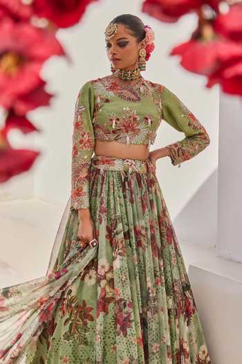 Buy_Anu Pellakuru_Green Silk, Net, Chiffon High Neck Sufi Floral Print Lehenga Set 