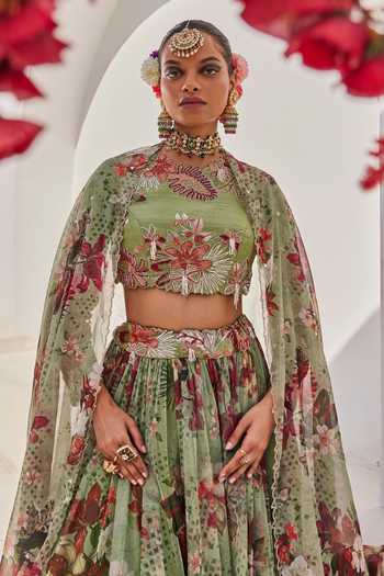 Shop_Anu Pellakuru_Green Silk, Net, Chiffon High Neck Sufi Floral Print Lehenga Set 