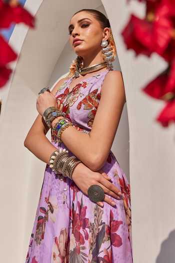 Anu Pellakuru_Lilac Crepe, Chiffon Embroidery V-neck Meher Floral Print Gown _Online_at_Aza_Fashions