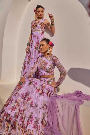 Buy_Anu Pellakuru_Lilac Crepe, Chiffon Embroidery V-neck Meher Floral Print Gown _Online_at_Aza_Fashions