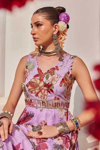 Shop_Anu Pellakuru_Lilac Crepe, Chiffon Embroidery V-neck Meher Floral Print Gown _Online_at_Aza_Fashions