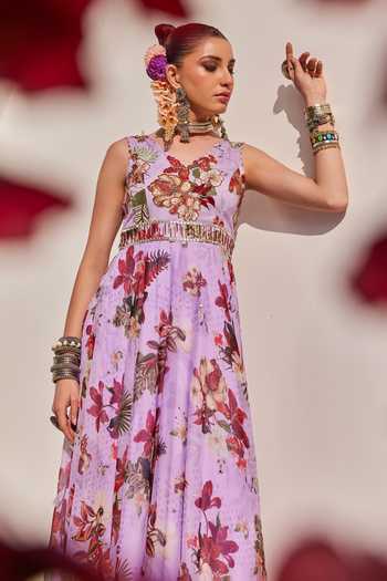 Anu Pellakuru_Lilac Crepe, Chiffon Embroidery V-neck Meher Floral Print Gown _at_Aza_Fashions