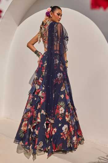Anu Pellakuru Zeenat Floral Botanical Print Ruffled Lehenga Set 