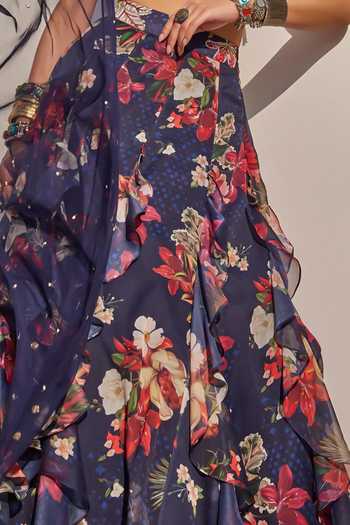 Anu Pellakuru_Navy Silk, Net, Chiffon Round Zeenat Floral Botanical Print Ruffled Lehenga Set _Online_at_Aza_Fashions