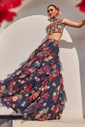 Buy_Anu Pellakuru_Navy Silk, Net, Chiffon Round Zeenat Floral Botanical Print Ruffled Lehenga Set _Online_at_Aza_Fashions
