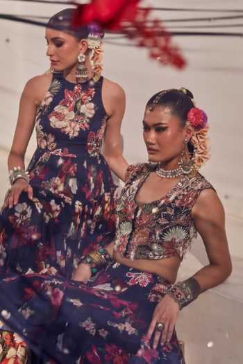 Shop_Anu Pellakuru_Navy Silk, Net, Chiffon Round Zeenat Floral Botanical Print Ruffled Lehenga Set _Online_at_Aza_Fashions