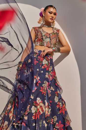Anu Pellakuru Zeenat Floral Botanical Print Ruffled Lehenga Set 