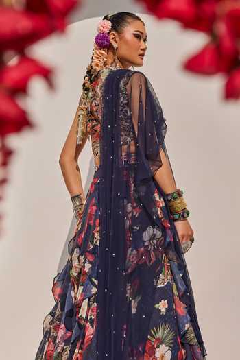 Anu Pellakuru_Navy Silk, Net, Chiffon Round Zeenat Floral Botanical Print Ruffled Lehenga Set _at_Aza_Fashions