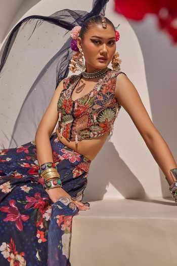 Buy_Anu Pellakuru_Navy Silk, Net, Chiffon Round Zeenat Floral Botanical Print Ruffled Lehenga Set 