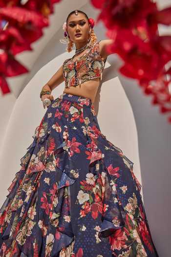 Shop_Anu Pellakuru_Navy Silk, Net, Chiffon Round Zeenat Floral Botanical Print Ruffled Lehenga Set 
