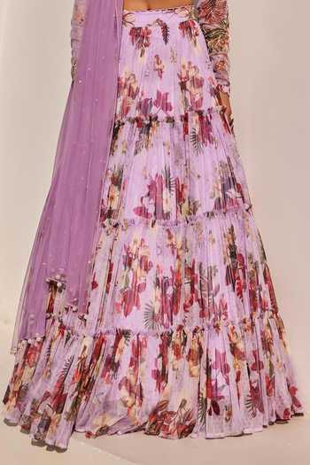 Anu Pellakuru_Purple Net Meher Floral Print Tiered Lehenga Set _Online_at_Aza_Fashions