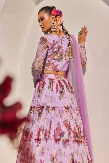 Buy_Anu Pellakuru_Purple Net Meher Floral Print Tiered Lehenga Set _Online_at_Aza_Fashions