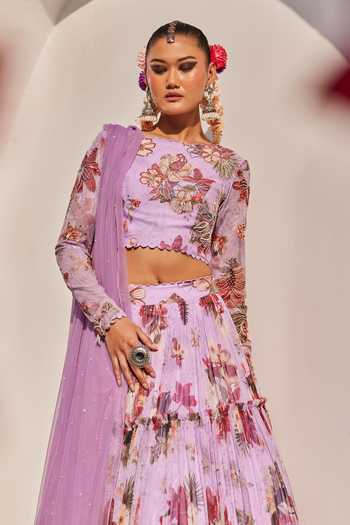 Shop_Anu Pellakuru_Purple Net Meher Floral Print Tiered Lehenga Set _Online_at_Aza_Fashions