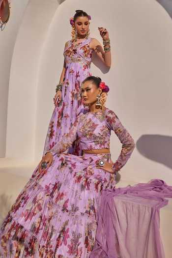 Anu Pellakuru_Purple Net Meher Floral Print Tiered Lehenga Set _at_Aza_Fashions
