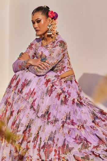 Buy_Anu Pellakuru_Purple Net Meher Floral Print Tiered Lehenga Set 