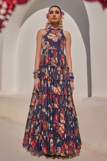 Buy_Anu Pellakuru_Navy Chiffon Halter Neck Zeenat Floral Print Frill Tiered Gown _Online_at_Aza_Fashions