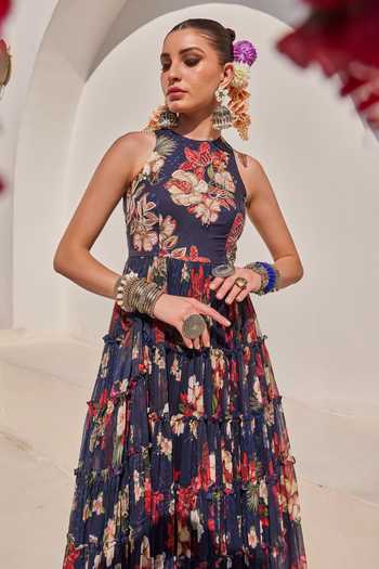 Shop_Anu Pellakuru_Navy Chiffon Halter Neck Zeenat Floral Print Frill Tiered Gown _Online_at_Aza_Fashions