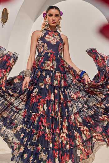 Buy_Anu Pellakuru_Navy Chiffon Halter Neck Zeenat Floral Print Frill Tiered Gown 