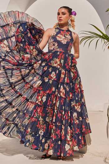 Shop_Anu Pellakuru_Navy Chiffon Halter Neck Zeenat Floral Print Frill Tiered Gown 