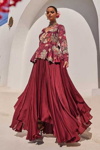 Anu Pellakuru_Wine Crepe, Satin, Chiffon Embroidery, Beads, Zehra Floral Print Peplum Gown _Online_at_Aza_Fashions