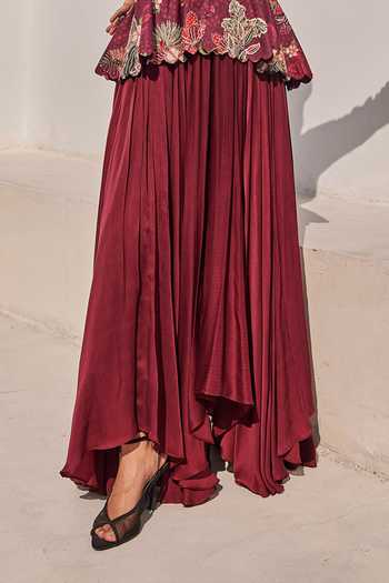 Buy_Anu Pellakuru_Wine Crepe, Satin, Chiffon Embroidery, Beads, Zehra Floral Print Peplum Gown _Online_at_Aza_Fashions