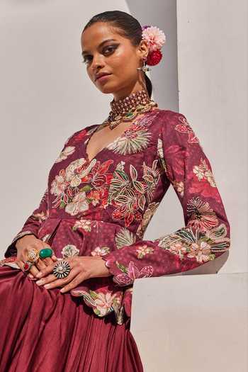 Shop_Anu Pellakuru_Wine Crepe, Satin, Chiffon Embroidery, Beads, Zehra Floral Print Peplum Gown _Online_at_Aza_Fashions