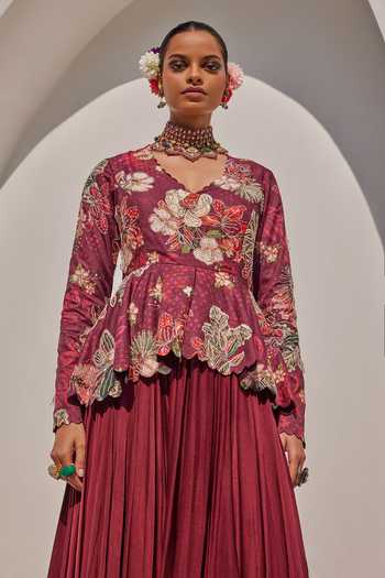 Anu Pellakuru_Wine Crepe, Satin, Chiffon Embroidery, Beads, Zehra Floral Print Peplum Gown _at_Aza_Fashions