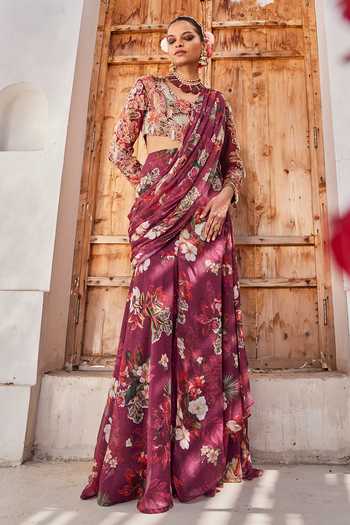 Anu Pellakuru_Wine Silk, Chiffon Sweetheart Zehra Floral Print Pre-draped Saree With Blouse _Online_at_Aza_Fashions