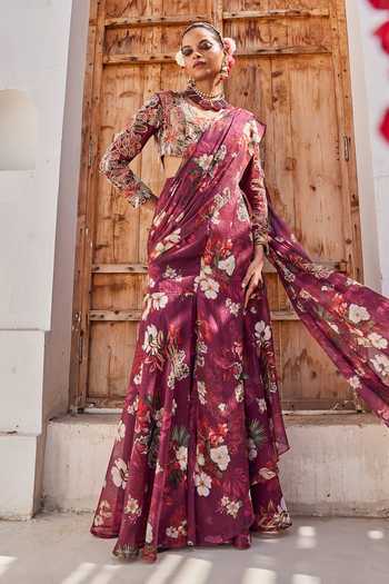 Anu Pellakuru Zehra Floral Print Pre-Draped Saree With Blouse 