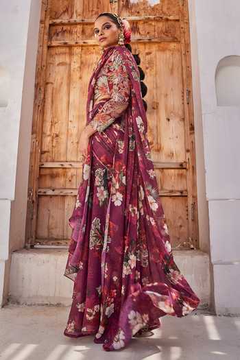 Buy_Anu Pellakuru_Wine Silk, Chiffon Sweetheart Zehra Floral Print Pre-draped Saree With Blouse _Online_at_Aza_Fashions