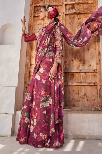 Shop_Anu Pellakuru_Wine Silk, Chiffon Sweetheart Zehra Floral Print Pre-draped Saree With Blouse _Online_at_Aza_Fashions