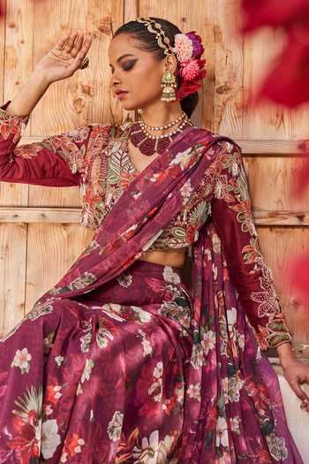 Anu Pellakuru_Wine Silk, Chiffon Sweetheart Zehra Floral Print Pre-draped Saree With Blouse _at_Aza_Fashions