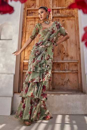 Anu Pellakuru Sufi Printed Pre-Draped Ruffle Saree With Blouse 