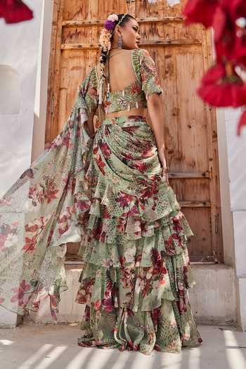 Anu Pellakuru Sufi Printed Pre-Draped Ruffle Saree With Blouse 